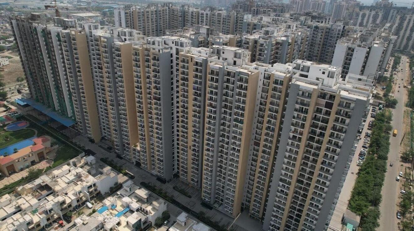 Aerial view of the Panchsheel Greens 2 towers in Greater Noida